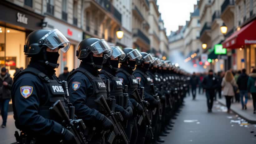 Policiers anti-émeute en ligne dans une rue de Paris près des Halles au crépuscule