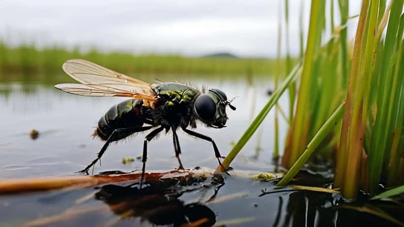 Mýfluga á húð í votlendisvæðum Íslands