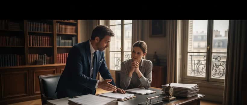 Avocat français consultant un client inquiet dans un bureau parisien professionnel avec des documents juridiques sur le bureau