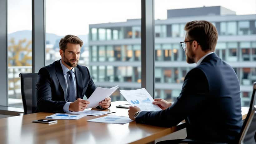 Profisportler und Vermögensberater besprechen Altersvorsorge in modernem Büro