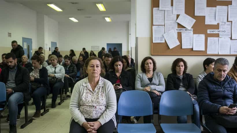Doente numa sala de espera de hospital do SNS em Lisboa, cadeiras cheias e avisos de tempo de espera afixados