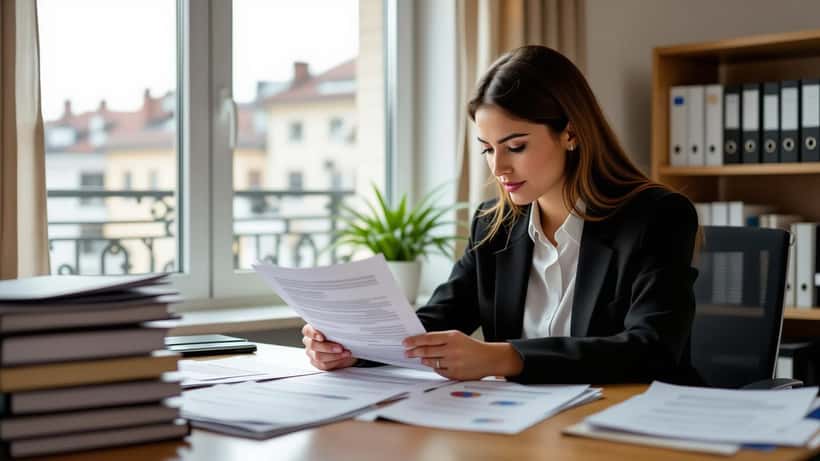 Femme consultant des documents d'asile dans un bureau d'avocat à Genève