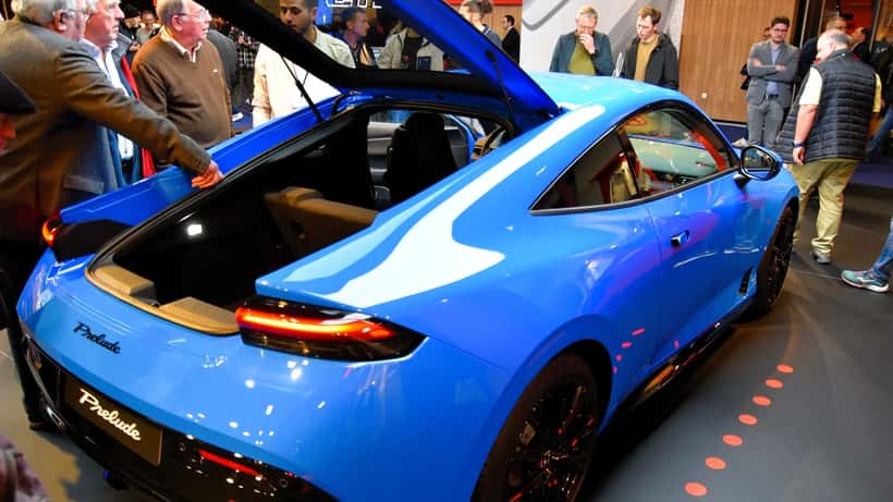 2026 Honda Prelude hybrid sports coupe in silver at motor show