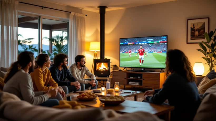 Grupo de amigos assiste ao jogo do Ceará em casa enquanto um deles verifica a conexão do botijão de gás na varanda