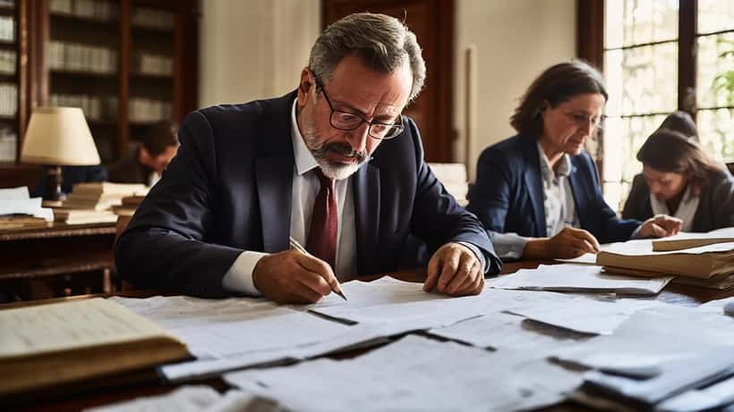 Advogado português a examinar documentos de herança e testamento numa mesa de escritório, com papéis de propriedade e ficheiros legais