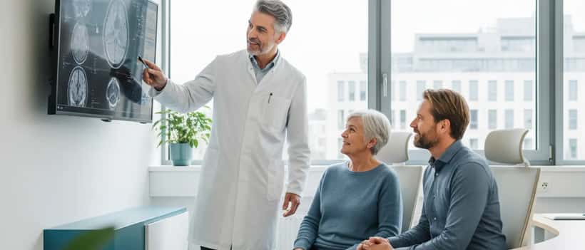 Deutscher Neurologe erklärt einem älteren Patienten und seiner Familie einen Gehirnscan in einer modernen Klinik