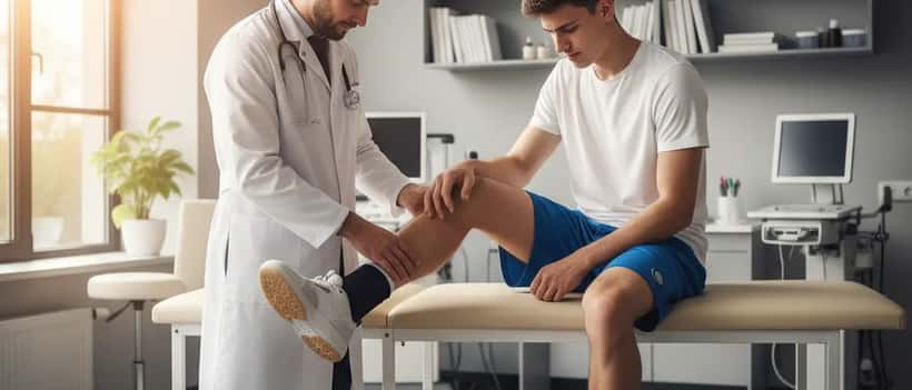 Sports medicine doctor examining basketball player's ankle injury in modern clinic
