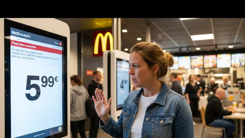 Vrouw kijkt gefrustreerd naar hogere McDonald's prijs op bestelterminal in Rotterdam