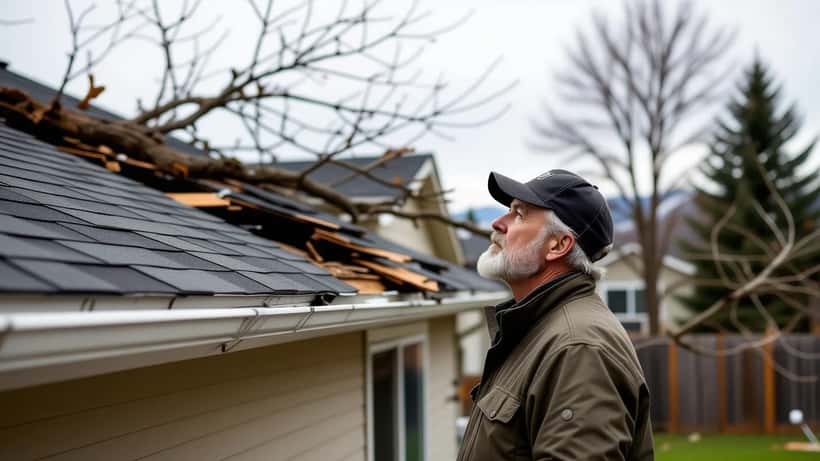 House with fallen tree causing structural damage after severe wind storm