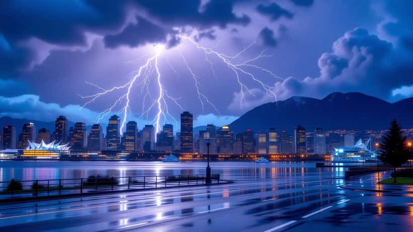 Lightning striking over the Vancouver skyline during a rare summer thunderstorm