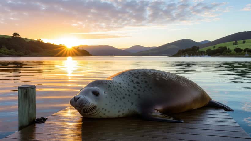 Southern elephant seal resting on a Tasmanian boat ramp at sunrise