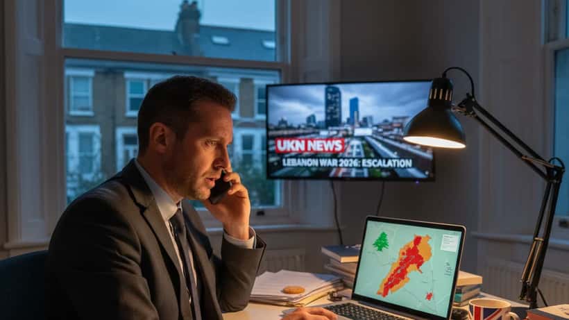 British man in London home office anxiously reviewing Lebanon conflict news on laptop with legal documents