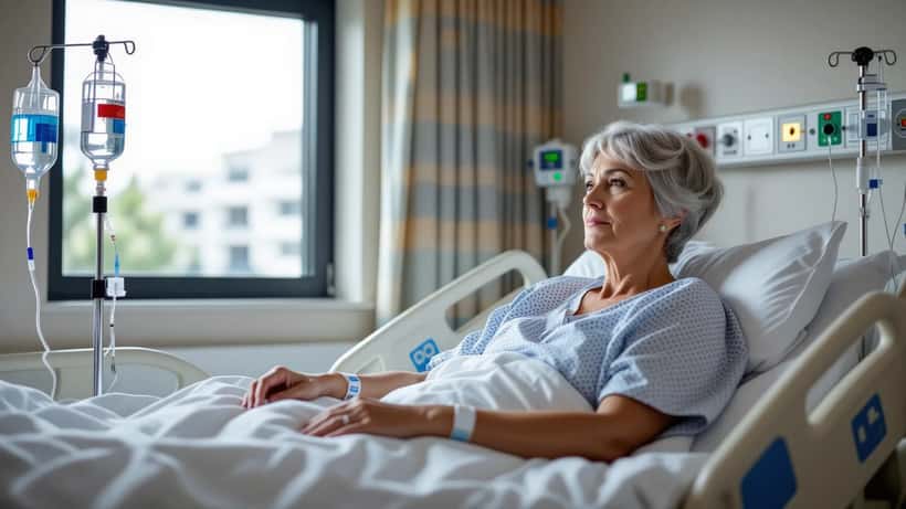 Doente oncológico em enfermaria de oncologia de hospital público português ligado a soro de quimioterapia