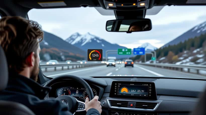 Digitalt instrumentpanel i ny bil viser fartsgrense-varsel fra ISA-systemet under kjøring