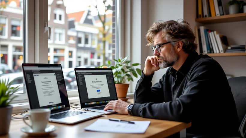 Nederlandse ondernemer kijkt bezorgd naar een laptop met een Facebook-storingsmelding in zijn kantoor