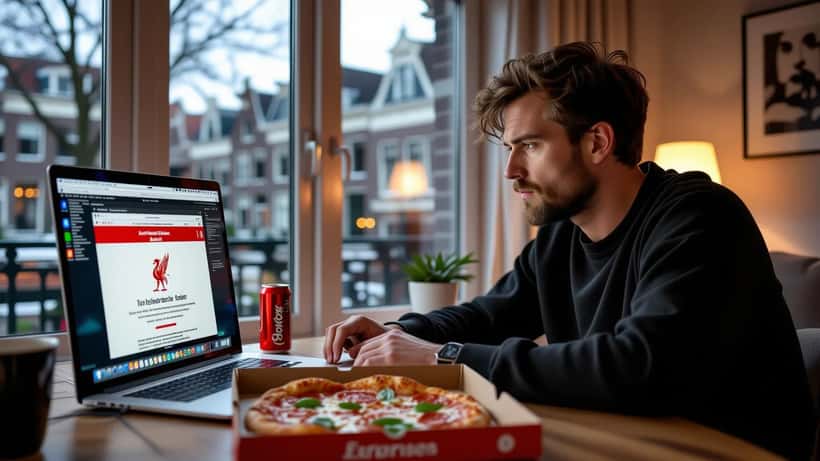 Nederlandse man achter laptop ziet beveiligingswaarschuwing van nep-streamingsite voor Liverpool Wrexham