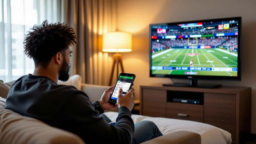 Man in Ohio hotel room placing sports bet on smartphone showing college football prop odds with ESPN rankings on TV