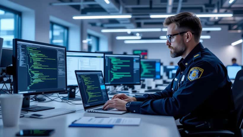 Expert en cybersécurité analysant des preuves numériques sur écrans dans un bureau suisse