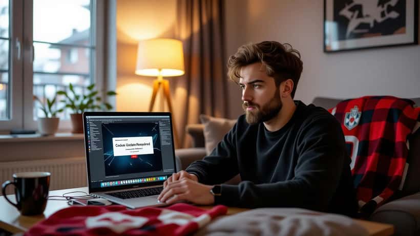 Man looking at laptop showing malware warning popup from a fake sports streaming site