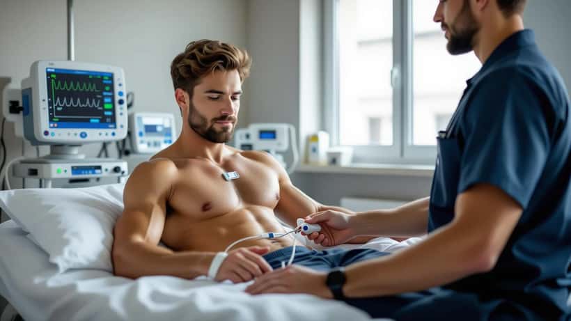 Médecin du sport posant des électrodes ECG sur le torse d'un jeune sportif dans une salle d'examen médicale à Lyon