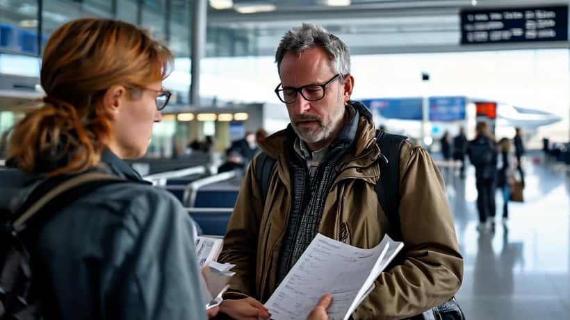 British traveller at airport departure terminal reviewing travel documents and insurance policy with FCDO warning on display