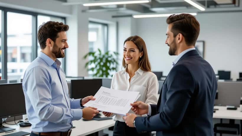 Lavoratore italiano che legge una comunicazione di trasferimento di sede in ufficio