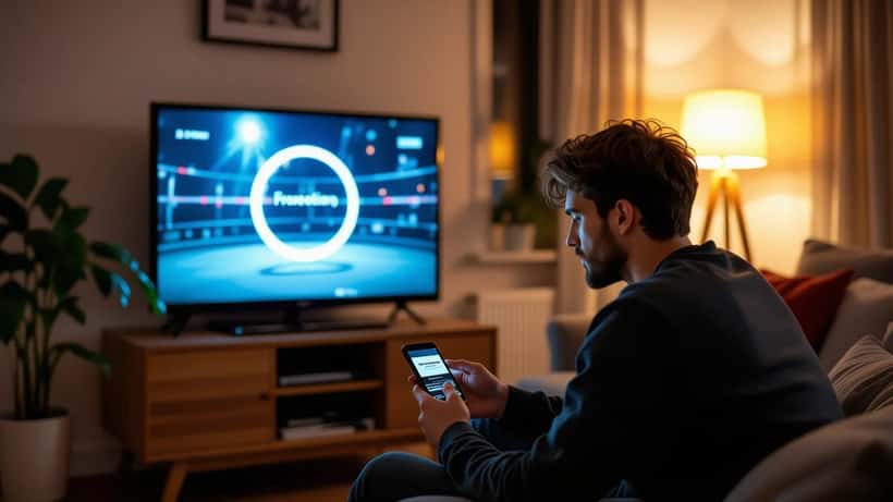 Frustrierter Zuschauer vor Fernseher mit hängendem Stream des Kampfabends