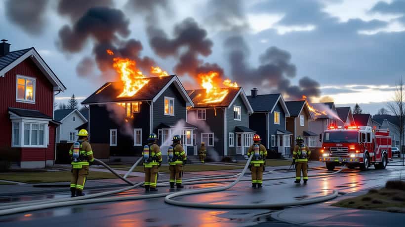 Brandmän bekämpar en brand som sprider sig längs en rad hopbyggda radhus i skymningen