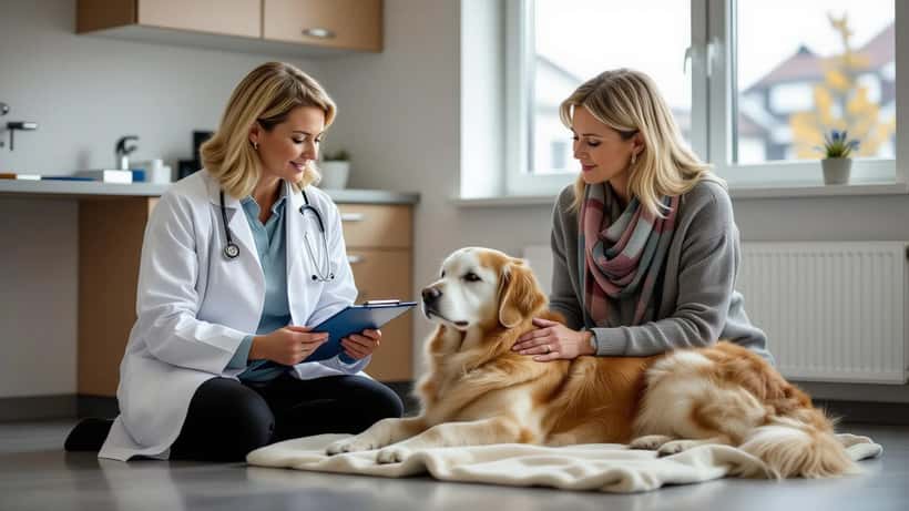 Eldre hund og eier hos veterinær i norsk dyreklinikk