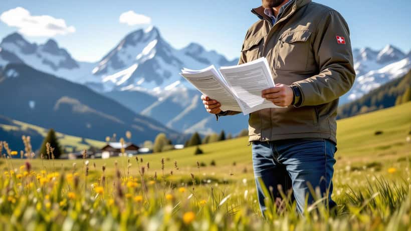 Agriculteur suisse examinant des documents officiels de réforme agricole dans une prairie alpine