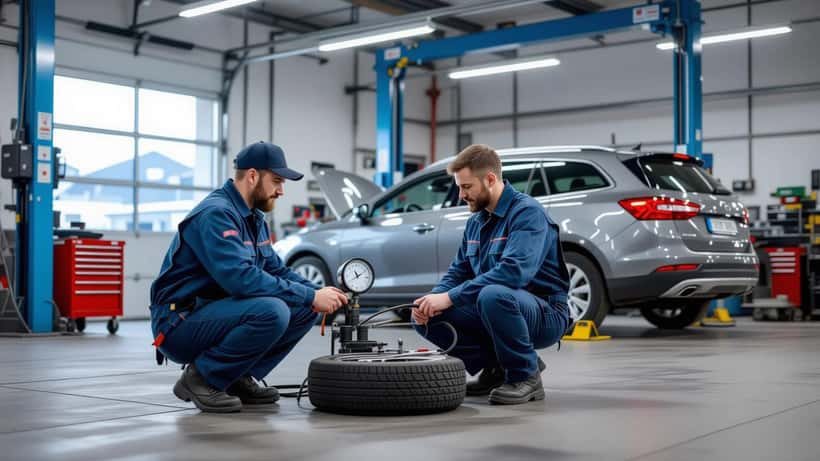 Mécanicien vérifiant la pression des pneus d'une voiture dans un garage suisse avec prix d'essence à 2 CHF visible en arrière-plan