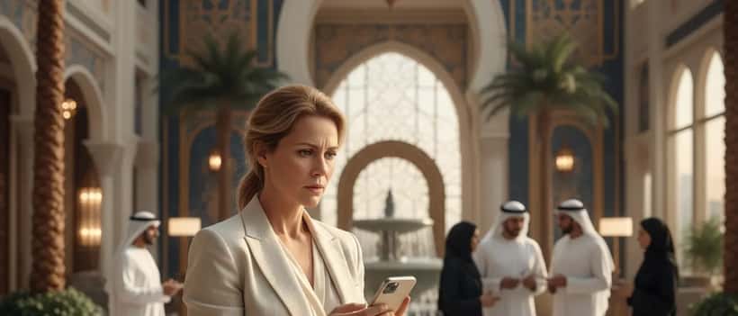 Femme française anxieuse consultant son téléphone dans un hôtel du Moyen-Orient