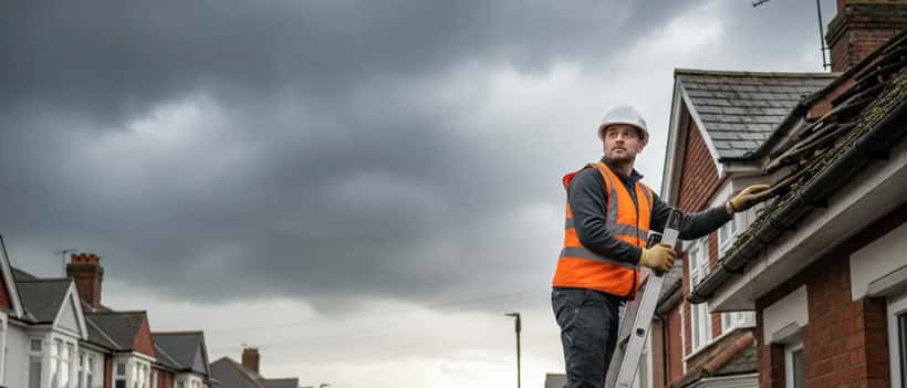 British tradesman inspecting roof tiles after a hailstorm, wearing high-visibility vest and safety helmet