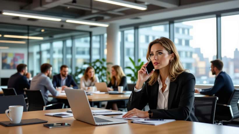 Professional woman isolated at conference table while colleagues huddle in background, workplace social exclusion
