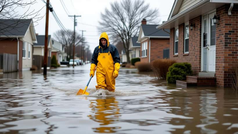 Resident in rubber boots and gloves bailing floodwater from a flooded Queens doorway after NYC storms