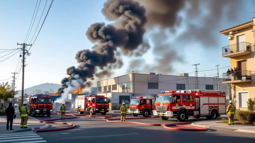 Colonna di fumo nero da un capannone industriale a Napoli est con i vigili del fuoco al lavoro