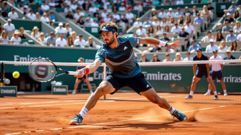Tennisspieler auf dem Sandplatz bei einem Grand-Slam-Turnier in Aktion