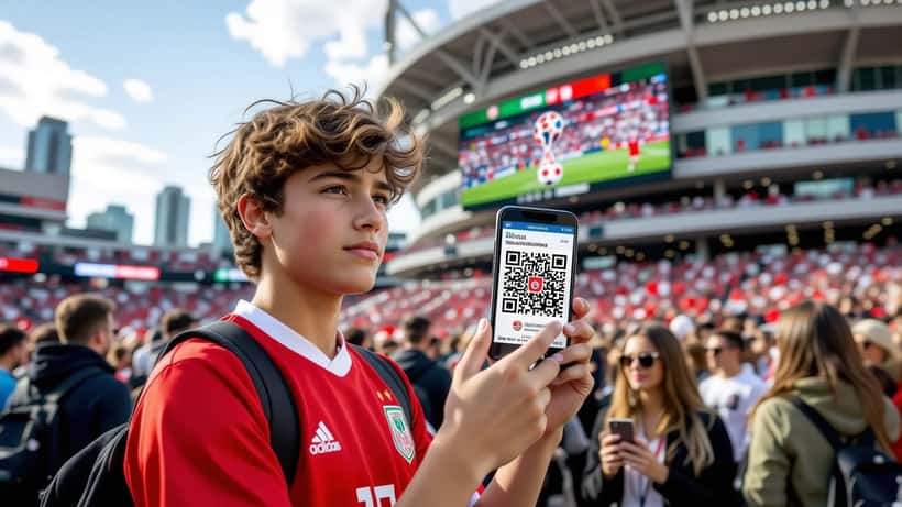 Canadian soccer fan checking a FIFA ID ticket app on a smartphone outside a World Cup 2026 stadium