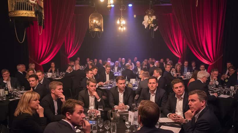 Zakelijk evenement in een ongebruikelijke gelegenheidszaal in Amsterdam met businesspeople die er onwennig bij zitten