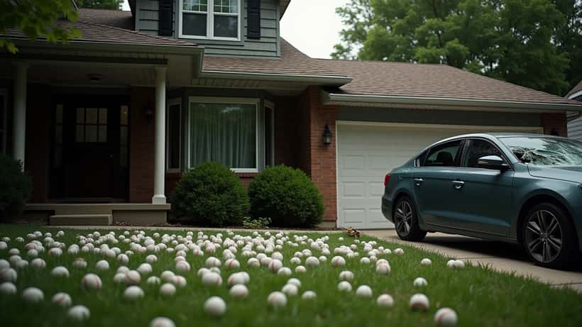 Piedras de granizo cubriendo el jardín de una casa suburbana americana tras la tormenta de abril 2026