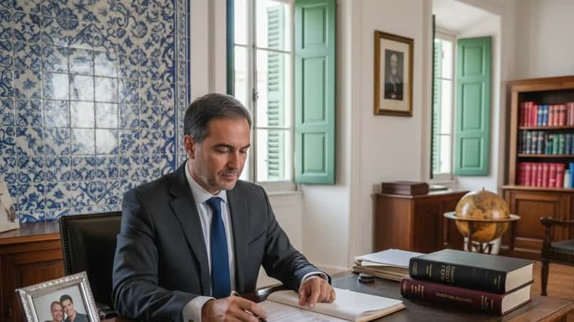 Advogado português revisa documentos de herança num escritório de notário em Lisboa