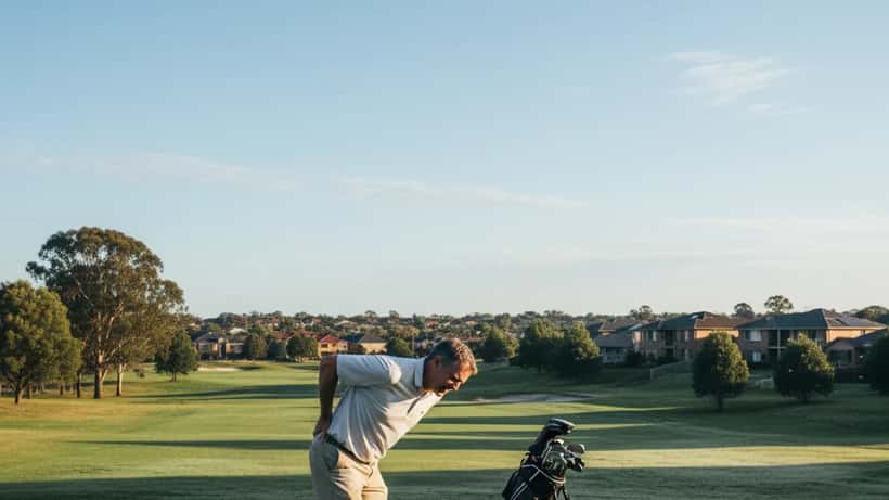 Recreational golfer holding lower back after golf swing on Australian golf course