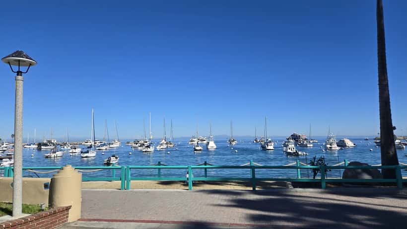 Avalon Harbor on Santa Catalina Island California with anchored boats