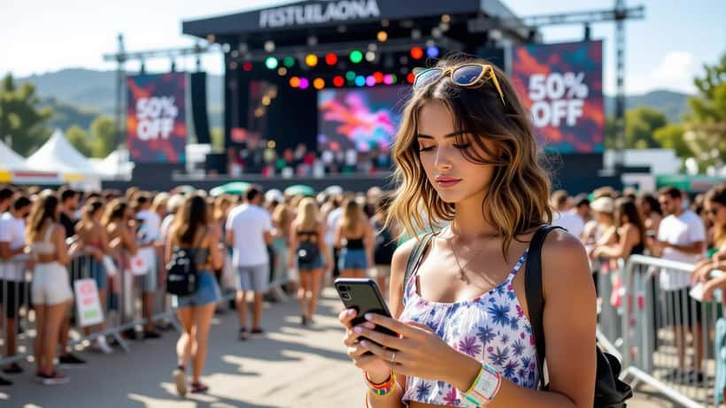 Jovem preocupada a olhar para um site de bilhetes falso no smartphone junto à entrada do festival MEO Marés Vivas em Vila Nova de Gaia