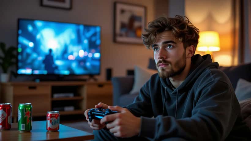 Young man rubbing his thumb after playing a console game late at night