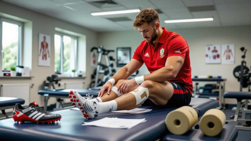 Wales rugby winger's foot being strapped by a sports physiotherapist in a clinical sports medicine room