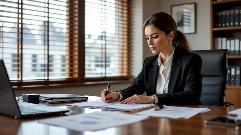 Female solicitor reviewing domestic violence case files in a London law office