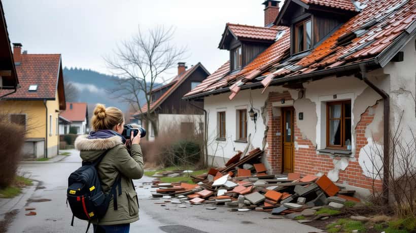 Frau fotografiert Sturmschäden an einem Wohngebäude in Kittsee, Burgenland, nach dem Unwetter vom August 2026