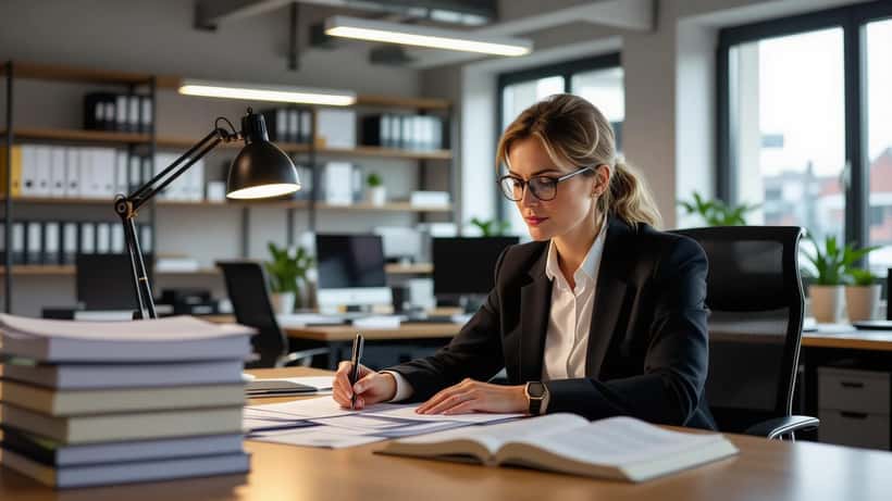 Dansk advokat gennemgår ansættelsesretslige dokumenter på et kontor