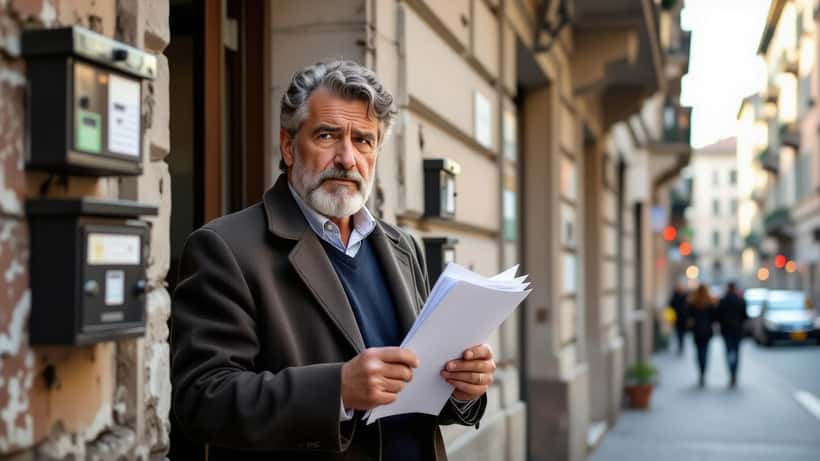 Proprietario italiano con documenti di sfratto davanti a un palazzo di appartamenti a Milano